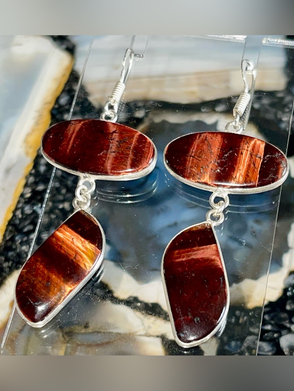 Redish Golden Brown Tiger Eye Earrings 2 1/2”